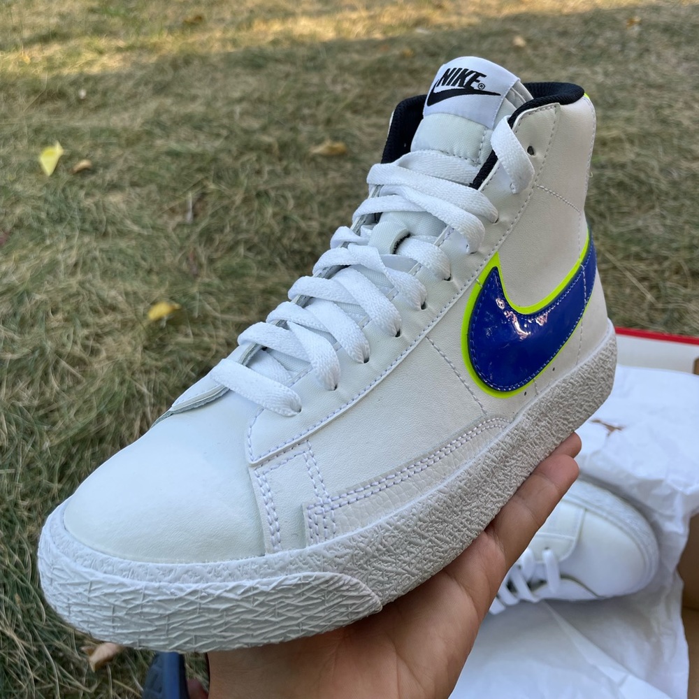 white / blue / neon green Nike blazer